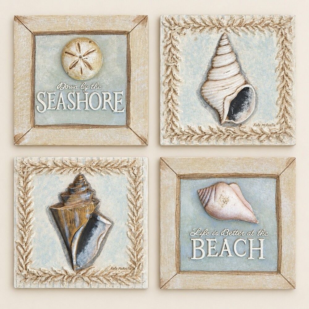 Kate McRostie Seashell Beach Coastal Wall Plaques Set of 4 Square Nautical Decor